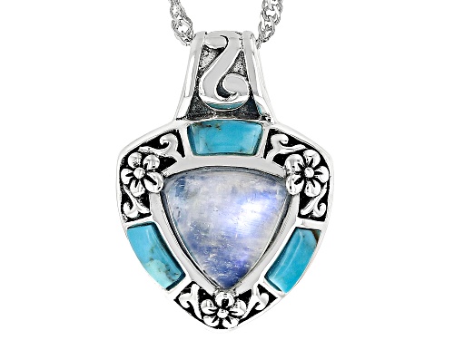9mm Cabochon Rainbow Moonstone with Free-Form Turquoise Silver Pendant with Chain
