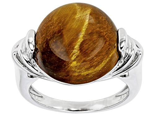 15mm Round Tiger's Eye Rhodium Over Sterling Silver Solitaire Ring - Size 8