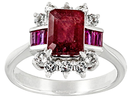 1.79ct Mahaleo® Ruby With .17ctw Lab Ruby & .49ctw White Topaz Rhodium Over Silver Ring - Size 7