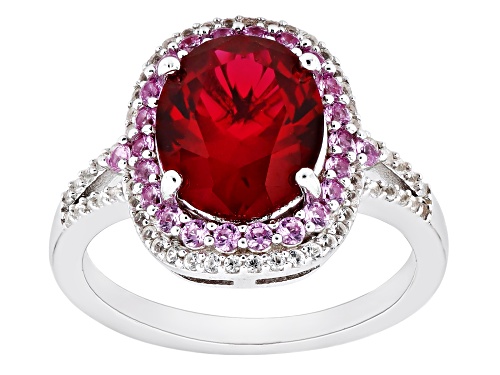 Photo of 4.18ct Lab Ruby with 0.74ctw Lab Pink and Lab White Sapphire Rhodium Over Sterling Silver Ring - Size 7