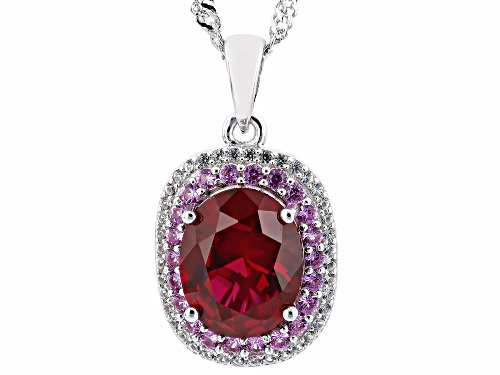 4.18ct Lab Ruby, 0.87ctw Lab Pink & White Lab Sapphire Rhodium Over Silver Pendant with Chain