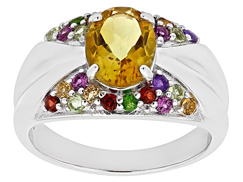 1.54ct Oval Brazilian Citrine With 0.46ctw Round Multi-Gem Rhodium Over Sterling Silver Ring - Size 6