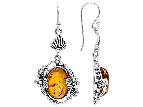 Oval Orange Amber Sterling Silver Dangle Earrings