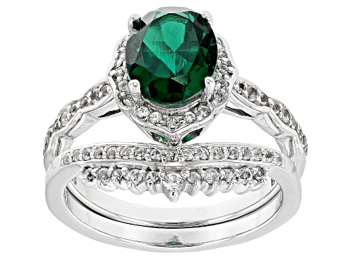 1.40ct Oval Lab Created Emerald With 0.44ctw Lab  White Sapphire Rhodium Over Silver Ring Set - Size 10