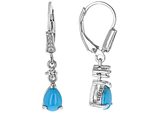 7x5mm Sleeping Beauty Turquoise With 0.40ctw White Zircon Rhodium Over Silver Dangle Earrings
