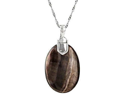 35x25mm Oval Cabochon Black Tahitian Mother-of-Pearl Sterling Silver Enhancer with Chain