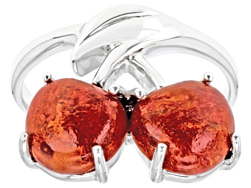 Freeform Cabochon Red Coral Rhodium Over Sterling Silver Cherry Ring - Size 7