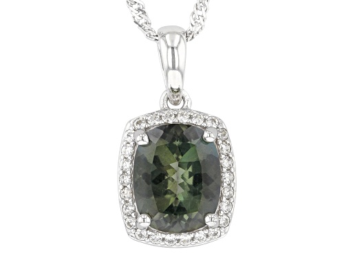 1.78ct Cushion Green Labradorite With 6.53ctw White Zircon Rhodium Over Silver Pendant With Chain