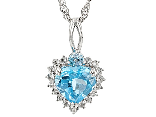 1.87ctw Swiss Blue Topaz With 0.30ctw White Topaz Rhodium Over Silver Heart Pendant With Chain