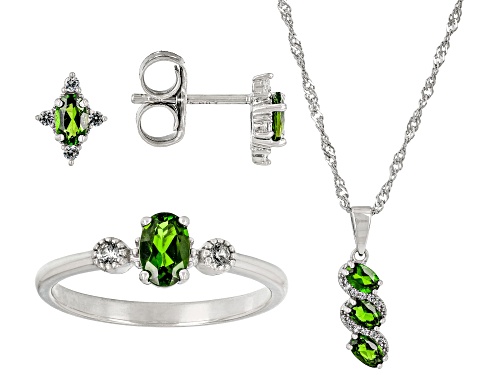 Photo of 1.29ctw Chrome Diopside & .30ctw Lab Sapphire Rhodium Over Silver Ring, Earrings, Pendant/Chain Set