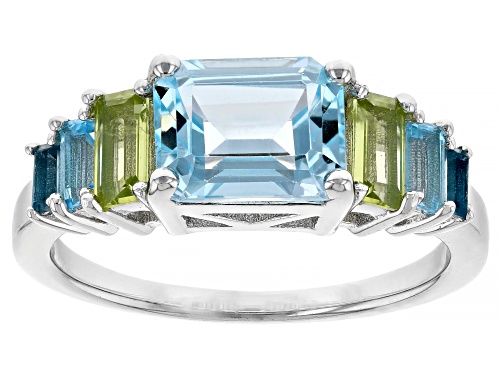 1.53ct Glacier Topaz™, .54ctw Peridot,.32ctw Swiss And London Blue Topaz Rhodium Over Silver Ring - Size 7