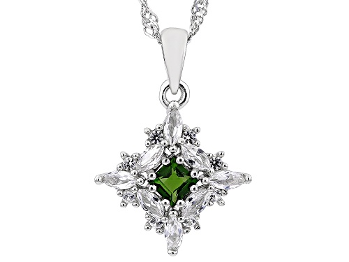 0.29ct Square Chrome Diopside With 0.77ctw Lab Sapphire Rhodium Over Silver Pendant With Chain