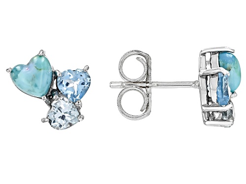 5mm Turquoise,.59ctw Swiss Blue Topaz, .58ctw Glacier Topaz™ Rhodium Over Silver Stud Earrings