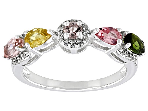 0.85ctw Mixed Shapes Multi-Tourmaline With .58ctw White Zircon Rhodium Over Sterling Silver Ring - Size 7