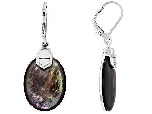 21x16mm Oval Black Tahitian Mother-of-Pearl Rhodium Over Sterling Silver Earrings