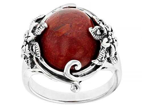 15x12mm Red Sponge Coral With 1.3mm Marcasite Sterling Silver Ring - Size 6