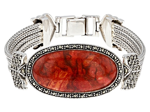 32x16mm Oval Cabochon Sponge Red Coral With Round Marcasite Sterling Silver Bracelet - Size 8
