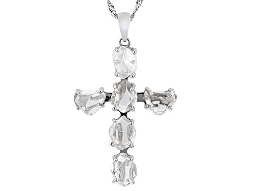Free-Form White Herkimer Quartz Rhodium Over Silver Cross Pendant With Chain