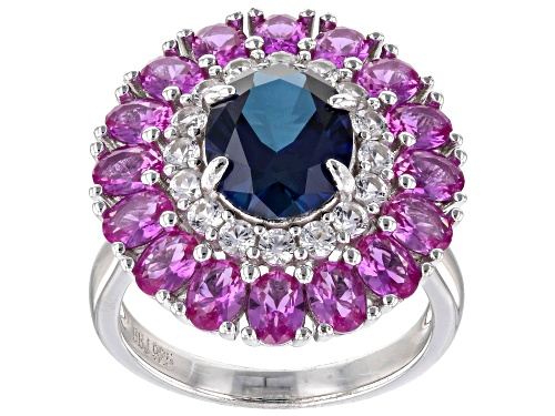 2.55ct Oval Lab Blue Sapphire,2.99ctw Lab Pink And Lab White Sapphire Rhodium Over Silver Ring - Size 6
