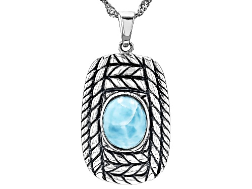 10x8mm Oval Cabochon Blue Larimar Rhodium Over Sterling Silver Pendant With Chain