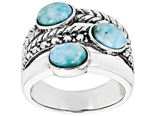 7x5mm Oval Cabochon Blue Larimar Rhodium Over Sterling Silver Ring - Size 9