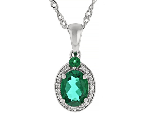 .94ct Oval & .05ctw Round Lab Emerald With .13ctw White Zircon Rhodium Over Silver Pendant/Chain