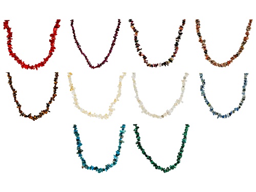 Free-Form Multi-Color Assorted Gemstone Set of 10 Endless Strand Chips Necklaces - Size 34