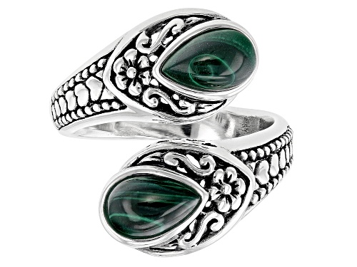 8x5mm Pear Shape Cabochon Malachite Sterling Silver Bypass Ring - Size 6