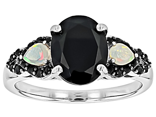 2.12ctw Mixed Shapes Black Spinel With 0.15ctw Ethiopian Opal Rhodium Over Sterling Silver Ring - Size 8