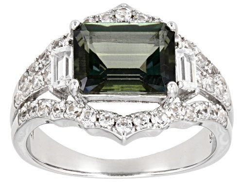 1.89ct Rectangular Octagonal Green Labradorite With 0.94ctw White Zircon Rhodium Over Silver Ring - Size 8