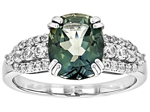 2.00ct Cushion Green Labradorite With .28ctw Lab White Sapphire Rhodium Over Sterling Silver Ring - Size 9