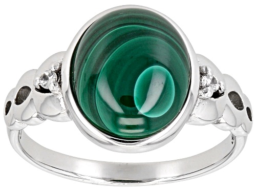 11x9mm Oval Green Malachite With 0.03ctw Round White Zircon Rhodium Over Sterling Silver Ring - Size 7