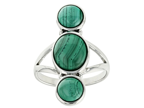 10x8mm Oval And 6mm Round Malachite Rhodium Over Sterling Silver Solitaire 3-Stone Ring - Size 6