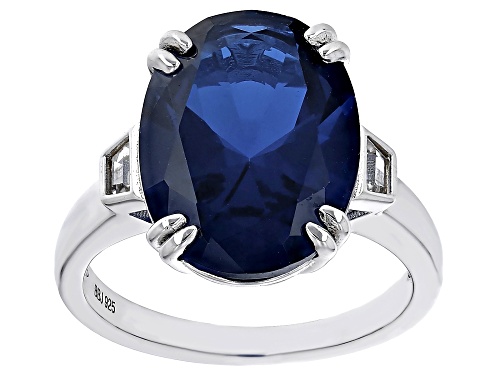 9.43ct Oval Lab Created Blue Spinel With 0.19ctw Lab Created White Sapphire Rhodium Over Silver Ring - Size 6