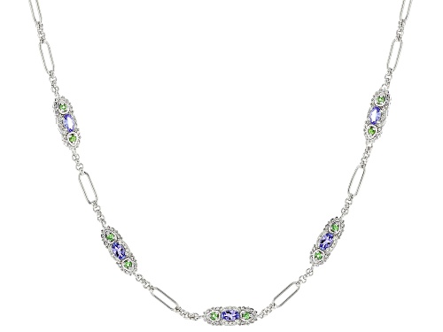 .98ctw Tanzanite, .43ctw Mint Tsavorite With .30ctw White Zircon Rhodium Over Silver Necklace - Size 18