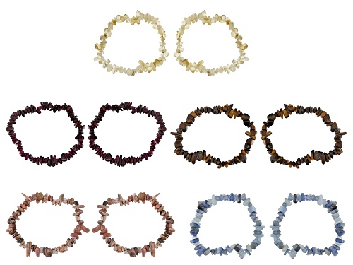 Free-Form Multi-Color Assorted Gemstone Set of 10 Chip Stretch Bracelets
