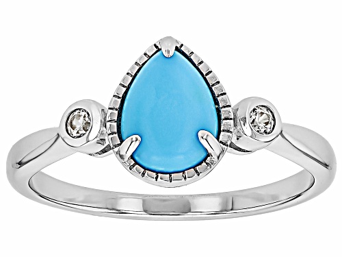 8x6mm Pear Shape Cabochon Sleeping Beauty Turquoise With .09ctw Zircon Rhodium Over Silver Ring - Size 9