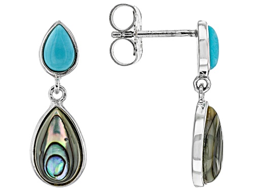 6x4mm Pear Shape Sleeping Beauty Turquoise With 10x6mm Pear Abalone Shell Silver Dangle Earrings