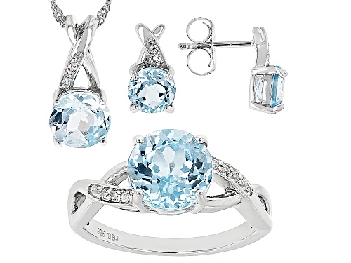 8.66ctw Glacier Topaz™ With 0.12ctw Lab Sapphire Rhodium Over Silver Ring, Earrings, Pendant Set