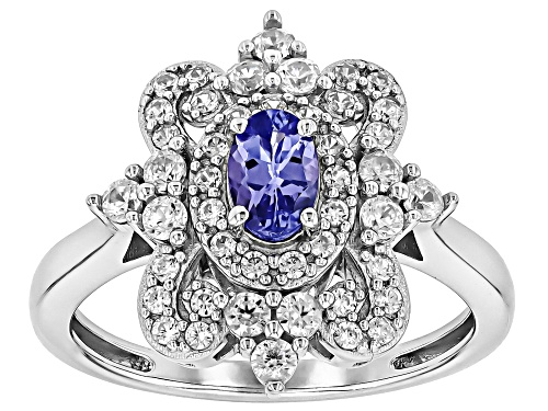 0.38ct Oval Tanzanite With 0.61ctw Round White Zircon Rhodium Over Sterling Silver ring - Size 7