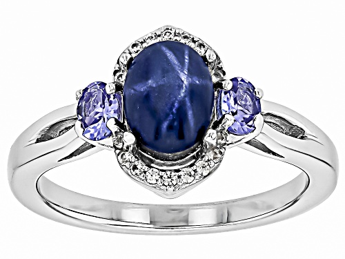 8x6mm Oval Blue Star Sapphire, .29ctw Tanzanite With .17ctw White Zircon Rhodium Over Silver Ring - Size 6