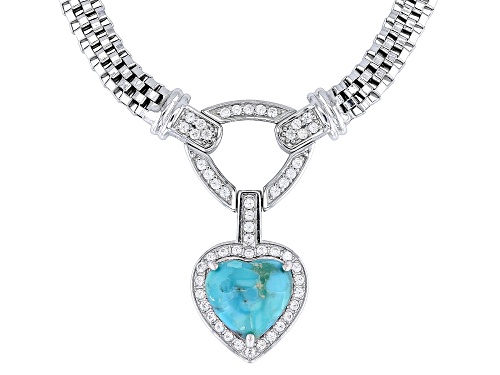 10x10mm Heart Cabochon Turquoise With 0.56ctw White Zircon Rhodium Over Silver Necklace - Size 18