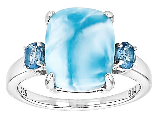 12x10mm Cushion Cabochon Larimar With .36ctw London Blue Topaz Rhodium Over Silver Ring - Size 6