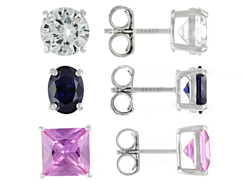 12.10ctw Lab Pink Sapphire, Lab White Sapphire, Lab Blue Sapphire Rhodium Over Silver Earrings Set