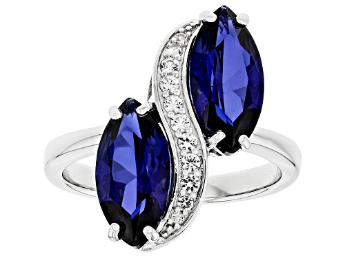 3.57ctw Marquise Lab Blue Sapphire With .32ctw Lab White Sapphire Rhodium Over Silver Bypass Ring - Size 6