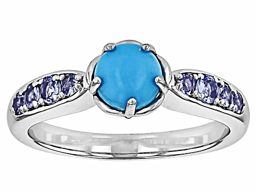 6mm Round Sleeping Beauty Turquoise With 0.27ctw Round Tanzanite Rhodium Over Sterling Silver Ring - Size 10