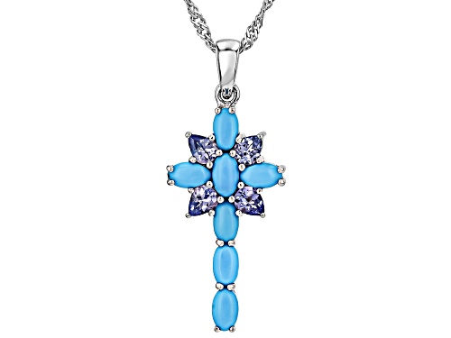 5x3mm Oval Sleeping Beauty Turquoise With .44ctw Tanzanite Rhodium Over Silver Cross Pendant Chain