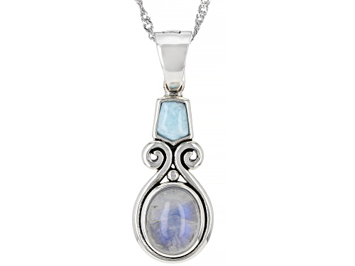 10x8mm Oval Cabochon Rainbow Moonstone With Larimar Rhodium Over Silver Pendant With Chain