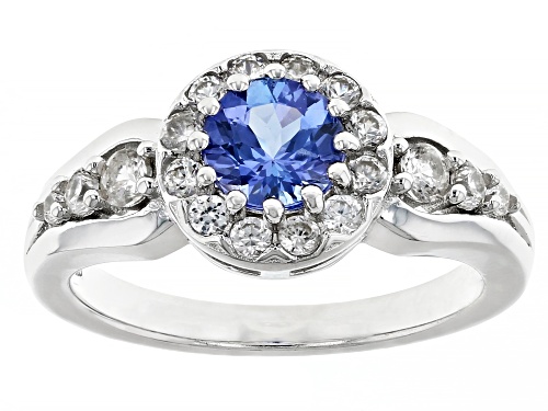 0.77ct Round Tanzanite With 0.64ctw Round White Zircon Rhodium Over Sterling Silver Ring - Size 10