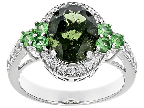 1.68ct Oval Moldavite, .40ctw Mint Tsavorite With .60ctw Zircon Rhodium Over Sterling Silver Ring - Size 9